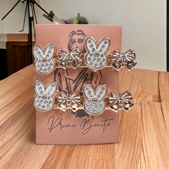 Set of White Rabbit with Rhinestones Bow Rodegold Metal Hairclips - Picture 2 of 2